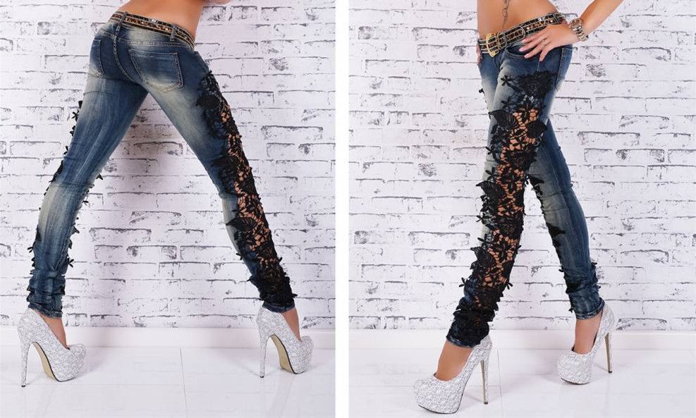 F8910 Sexy Womens Skinny Ripped Distressed Lace Jeans